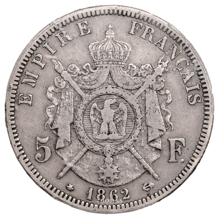 Monnaie France - Napoléon III - 5 francs - 1862 Sans A - PCGS VF 35-Revers