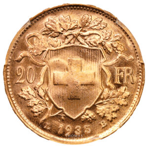 Coin Switzerland - 20 Francs or Vreneli - 1935 LB Bern - PCGS MS 66 reverse