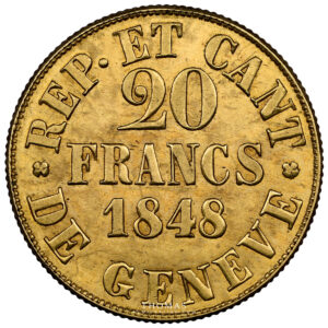 20 francs or suisse Geneve NGC MS 61 revers