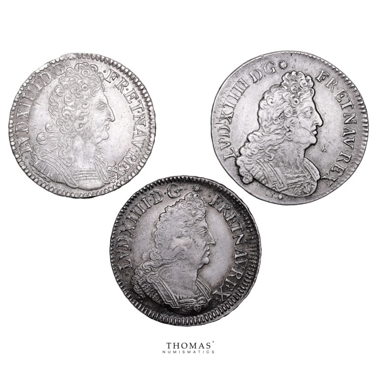Lot of 3 Coins - Louis XIV - 1/2 Écu aux Palmes 1694 C Caen - aux Insignes 1701 Aix - 3 Couronnes 1711 T Nantes obverse
