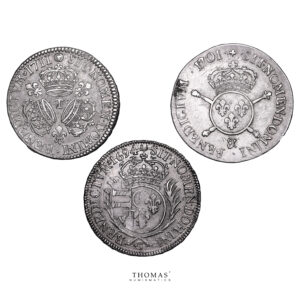 Lot 3 Monnaies - Louis XIV - 1:2 Écu aux Palmes 1694 C Caen - aux Insignes 1701 Aix - 3 Couronnes 1711 T Nantes-Revers