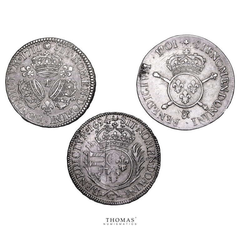 Lot of 3 Coins - Louis XIV - 1/2 Écu aux Palmes 1694 C Caen - aux Insignes 1701 Aix - 3 Couronnes 1711 T Nantes reverse