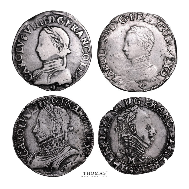 Lot of 4 coins - Charles IX - Henri III - Teston Tête Laurée - Demi Franc Col Plat - Teston obverse