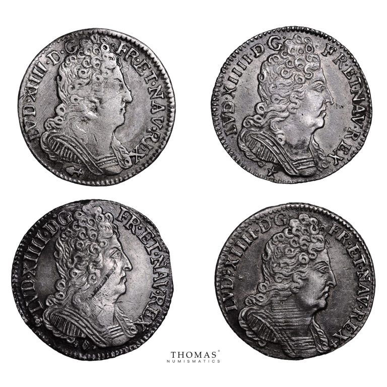 Lot 4 Monnaies - Louis XIV - 1:10 Écu 3 Couronnes - 1712 L Bayonne - 1713 E Tours - 1715 N Montpellier - 1712 CC Besançon-Avers