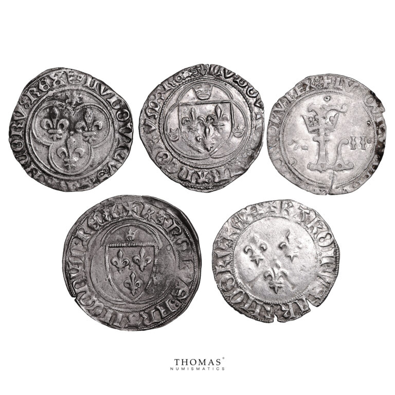 Lot of 5 coins - Louis XI - Louis XII - Charles VII - Blanc et Dizain - Saint Lô - Troyes - Paris - Bourges - Montpellier obverse