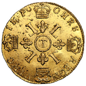 Monnaie France - Louis XIV - Louis d'or aux 4 L - 1696 T Nantes reverse