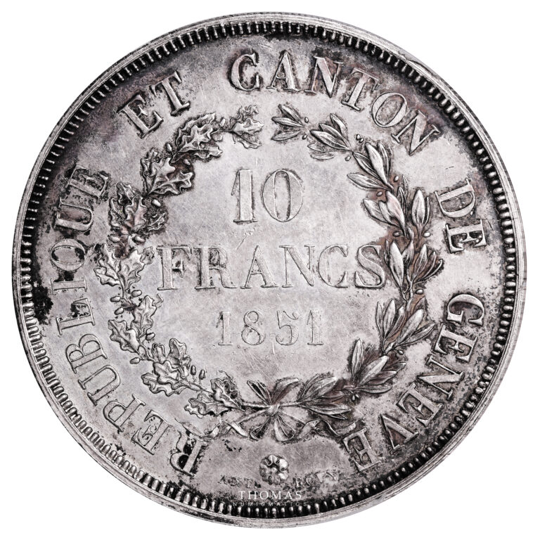 Monnaie Suisse - 10 Francs Argent - Canton de Genève - 1851 - 1 000 exemplaires - PCGS MS 62-Revers