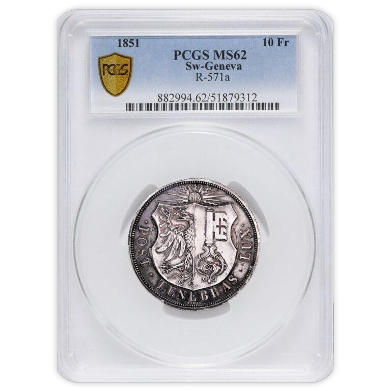 Monnaie Suisse - 10 Francs Argent - Canton de Genève - 1851 - 1 000 exemplaires - PCGS MS 62-Slab
