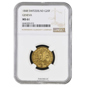Monnaie - Suisse - Genève - 20 francs or 1848 - NGC MS 61 - 3421 exemplaires-Slab