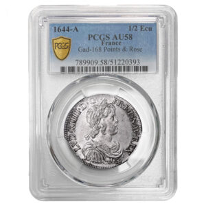 Monnaie France - Louis XIV - 1:2 Écu à la mèche longue Points & Rose - 1644 A Paris - PCGS AU 58-Slab