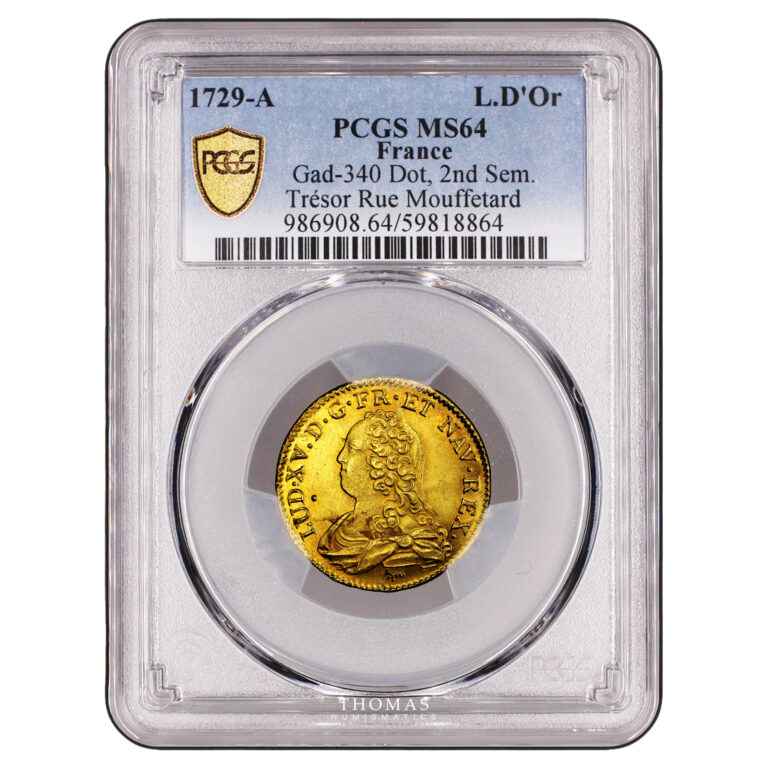 Coin France - Louis XV - Gold Louis d'or aux lunettes -  1729 A Paris - The treasure of rue Mouffetard - PCGS MS 64 slab