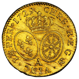 Coin France - Louis XV - Gold Louis d'or aux lunettes - 1729 A Paris - The treasure of rue Mouffetard - PCGS MS 64 reverse