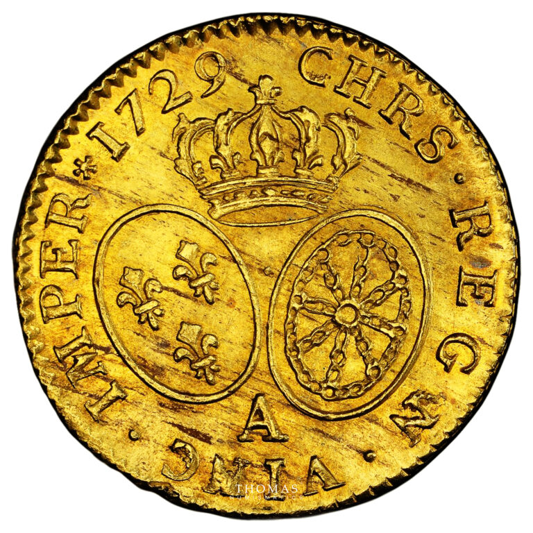 Coin France - Louis XV - Gold Louis d'or aux lunettes -  1729 A Paris - The treasure of rue Mouffetard - PCGS MS 64 reverse