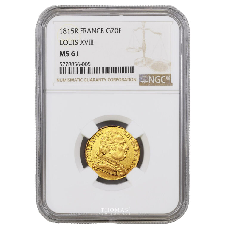 Monnaie France - Louis XVIII - 20 Francs or - 1815 R Londres - NGC MS 61-Slab
