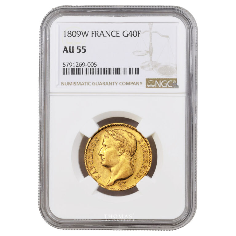 Coin France - Napoléon I - Gold - 40 Francs Or - 1809 W Lille - NGC AU 55 - 5907 examples slab