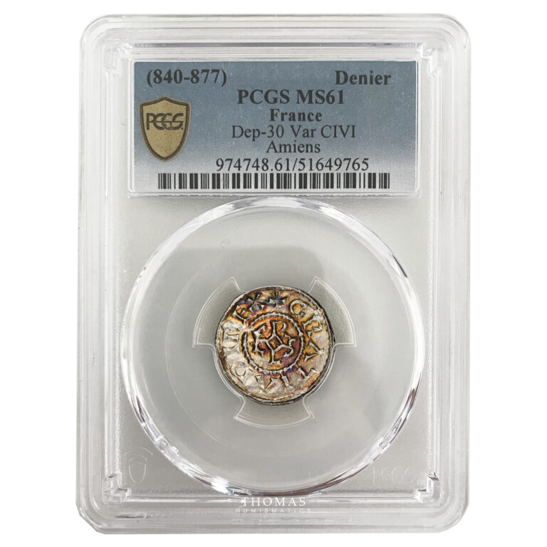 Coin France - Charles le Chauve - Denarius silver - Amiens - Var CIVI - PCGS MS 61 slab