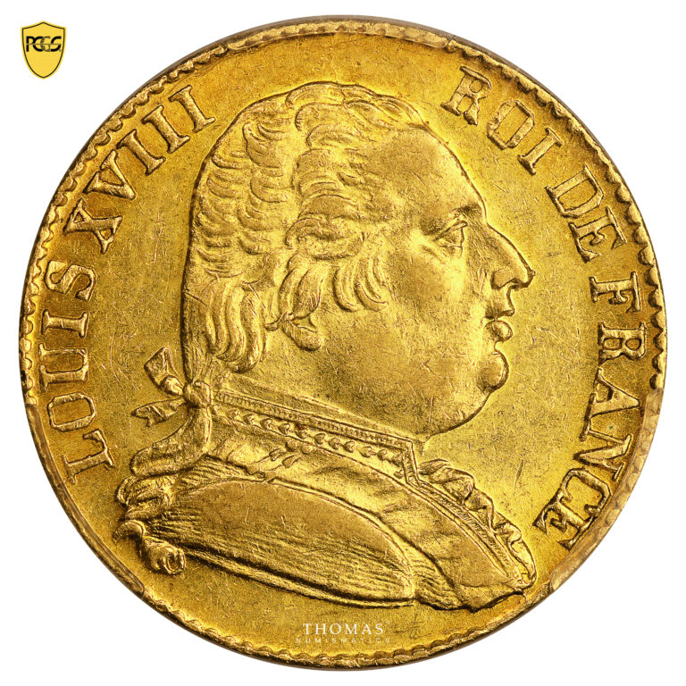 Coin France - Louis XVIII - Gold 20 Francs - 1815 R London - PCGS AU 58-obverse