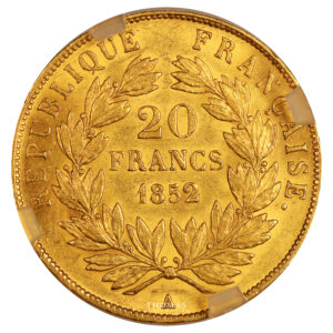 Coin France - Napoleon III - gold 20 Francs Or - 1852 A Paris - GENI AU 55 reverse