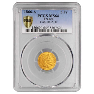 Coin France - Napoléon III - 5 Francs Gold - 1866 A Paris - PCGS MS 64-Slab