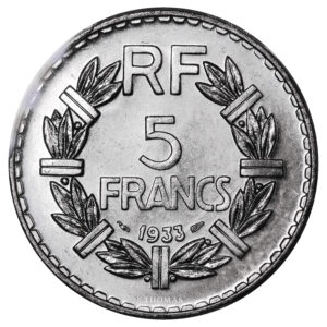 Monnaie France - 5 francs Lavrillier 1933 nickel - PCGS MS 64-Revers