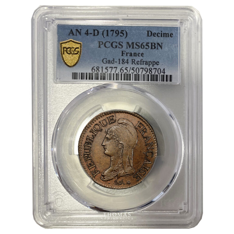 Coin France - Décime Dupré - AN 4 D Lyon - Restrike - PCGS MS 65 BN slab