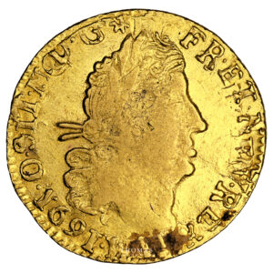 Coin France - Louis XIV - Contemporary counterfeit overstrike - Gold Louis d'or aux 4 L - X Amiens obverse