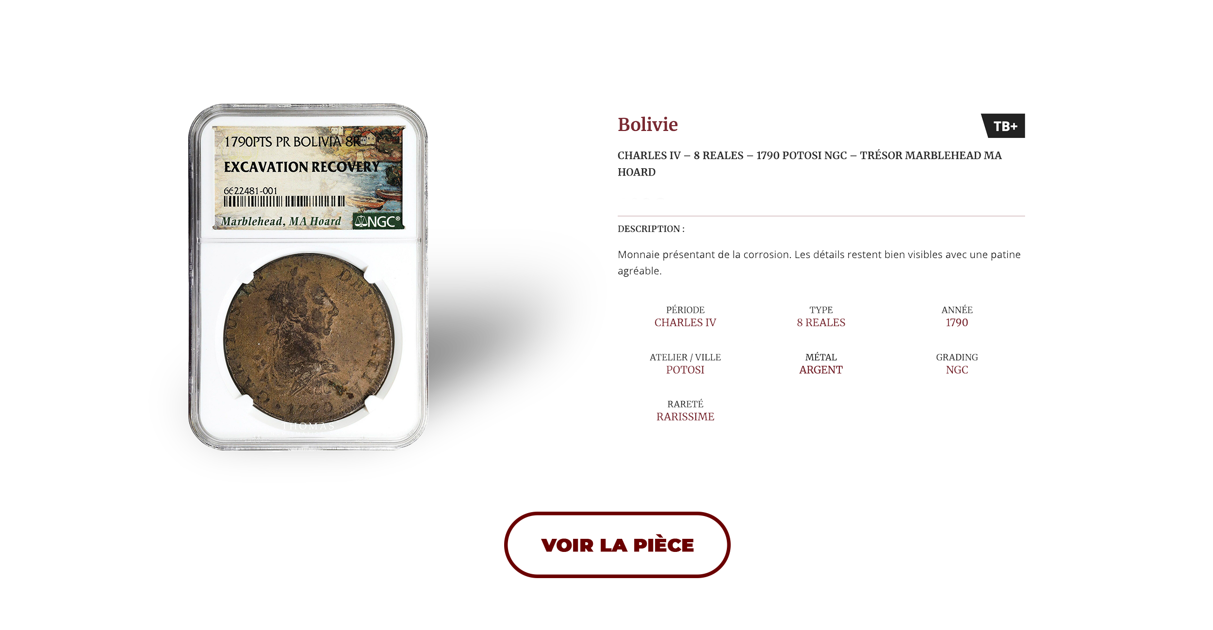 Pièce de 8 reales de bolivie du trésor Marblehead