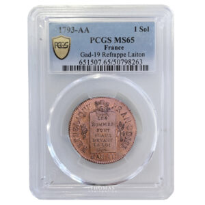 Monnaie - France Convention - 1 Sol aux balances - 1793 AA Metz - Refrappe - PCGS MS65-Slab