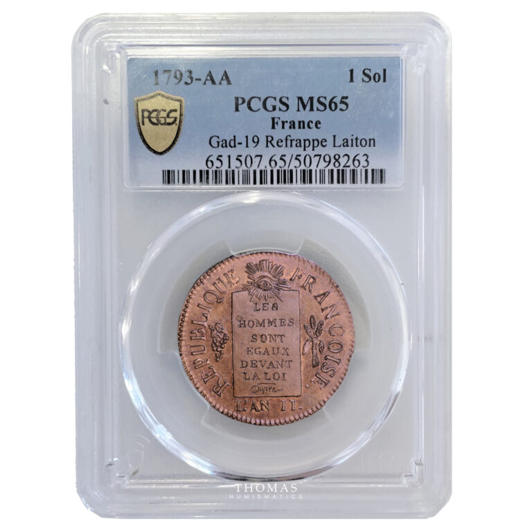 Monnaie - France Convention - 1 Sol aux balances - 1793 AA Metz - Refrappe - PCGS MS65-Slab