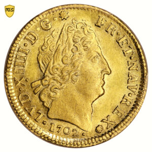 coin - France - Louis XIV - Gold - Louis d'or aux 8 L et aux insignes - 1702 W Lille flan neuf - PCGS MS 61