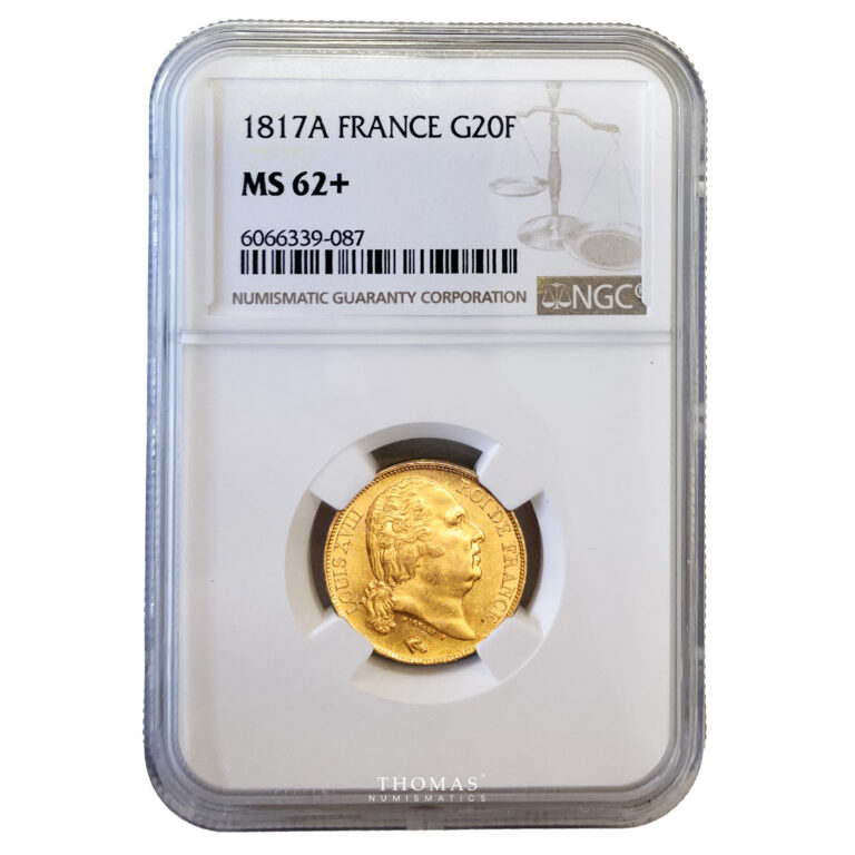 Coin France - Louis XVIII - 20 Francs Or - 1817 A Paris - NGC MS 62+ slab