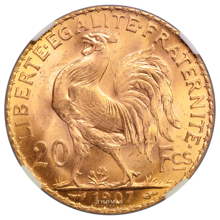 Coin - France -  Coq Marianne France – Gold - 20 francs or – 1907 Paris – NGC MS 67 reverse