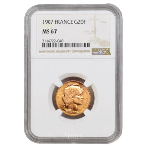 Coin - France -  Coq Marianne France – Gold - 20 francs or – 1907 Paris – NGC MS 67 slab