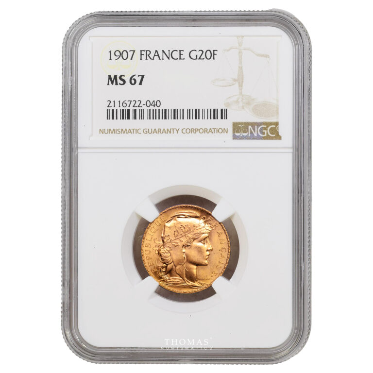 Coin - France -  Coq Marianne France – Gold - 20 francs or – 1907 Paris – NGC MS 67 slab