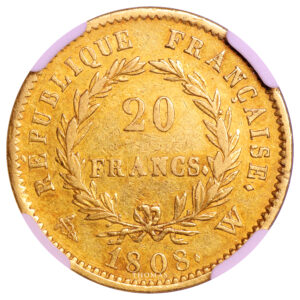 coin France - Napoleon Ier - 20 Francs Or - 1808 W Lille - NGC AU 55 - The Bern Collection reverse