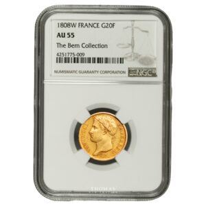 coin France - Napoleon Ier - 20 Francs Or - 1808 W Lille - NGC AU 55 - The Bern Collection slab