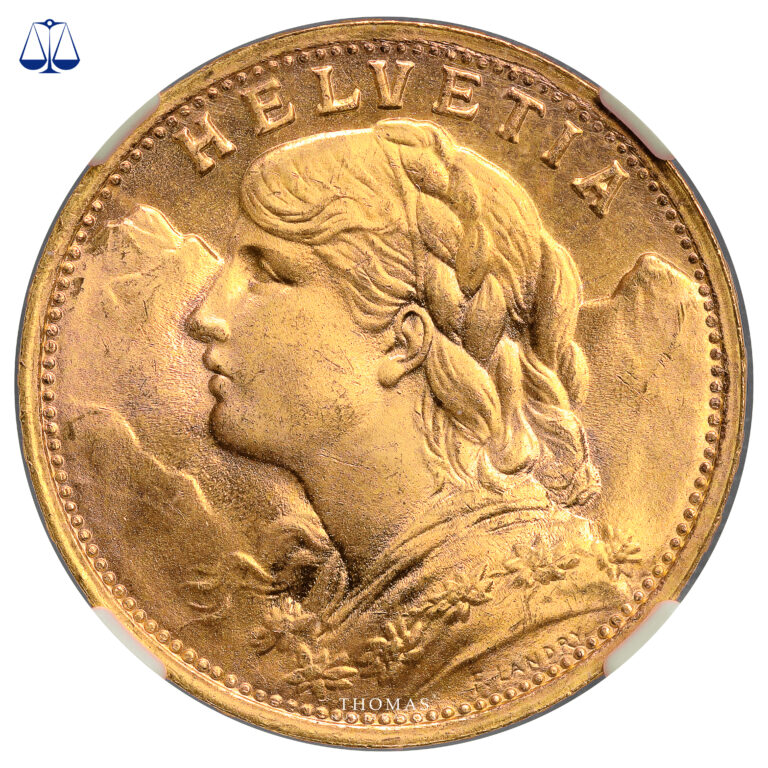 Coin Switzerland - Gold -  20 Francs or Vreneli - 1947 B Bern - NGC MS 67 obverse