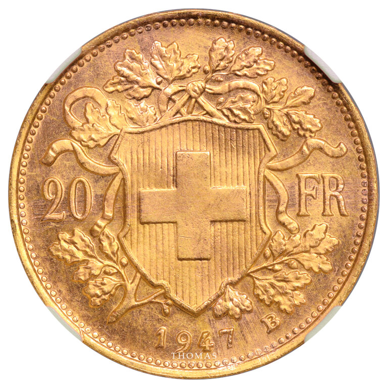 Coin Switzerland - Gold -  20 Francs or Vreneli - 1947 B Bern - NGC MS 67 reverse