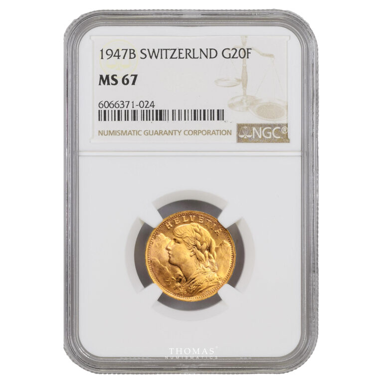 Coin Switzerland - Gold -  20 Francs or Vreneli - 1947 B Bern - NGC MS 67 slab