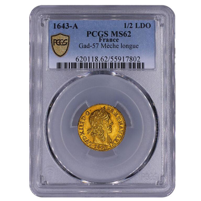 Coin France - Louis XIII - Gold - Half Louis or à la mèche longue - 1643 A Paris - PCGS MS 62 slab