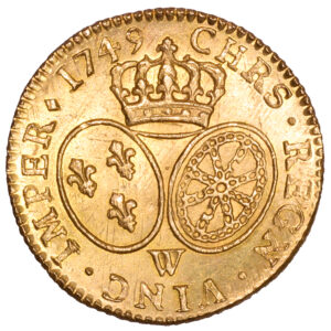 Coin France - Louis XV - Gold Louis d'or au bandeau - 1749 W Lille - Treasure of rue Mouffetard reverse