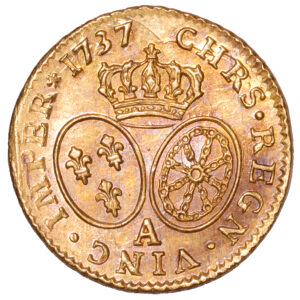 Coin France - Louis XV - Gold Louis d'or aux lunettes - 1737 A Paris - Treasure of rue Mouffetard reverse