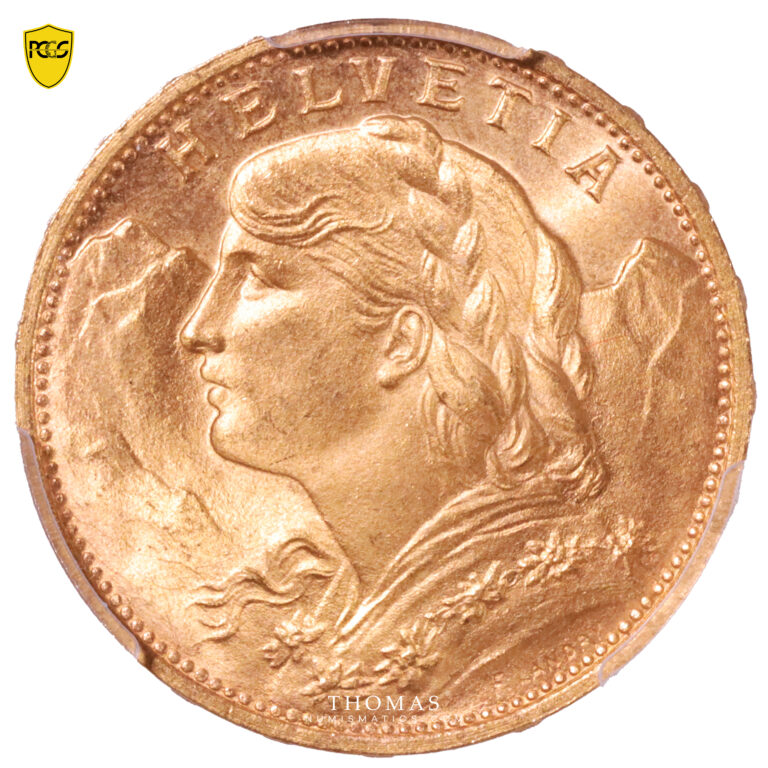 Coin Switzerland - gold - 20 Francs or Vreneli - 1926 B Bern - PCGS MS 66 obverse