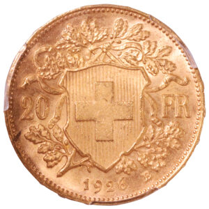 Coin Switzerland - gold - 20 Francs or Vreneli - 1926 B Bern - PCGS MS 66 reverse