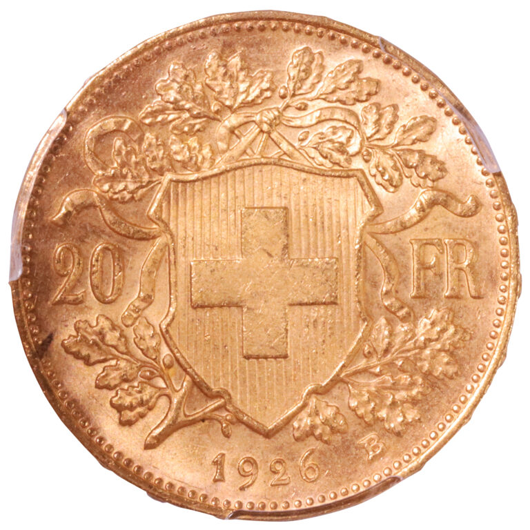 Coin Switzerland - gold - 20 Francs or Vreneli - 1926 B Bern - PCGS MS 66 reverse