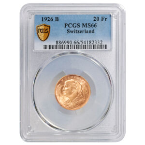 Coin Switzerland - gold - 20 Francs or Vreneli - 1926 B Bern - PCGS MS 66 slab
