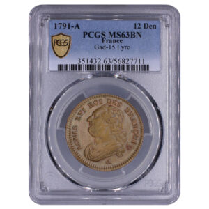 12 deniers 1791 A pcgs ms 63 BN slab