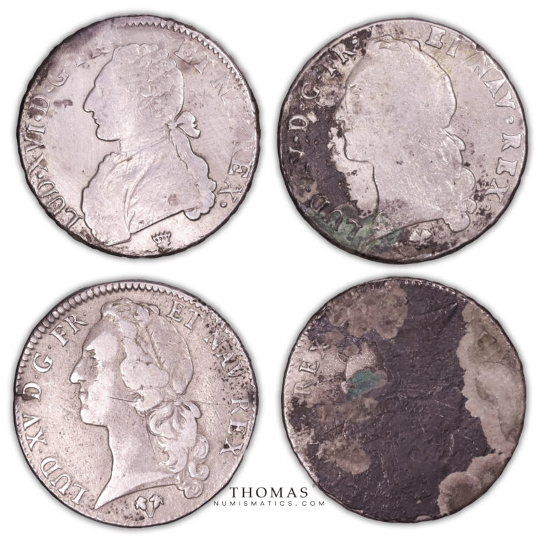 Coin France - Lot of 4 ecus Louis XVI 1785 I Louis XV - 1758 BB - 1756 G - 1758 BB - The sauvionnières Hoard obverse