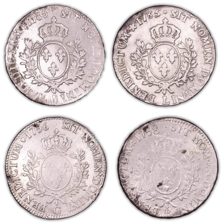 Coin France - Lot of 4 ecus Louis XVI 1785 I Louis XV - 1758 BB - 1756 G - 1758 BB - The sauvionnières Hoard reverse