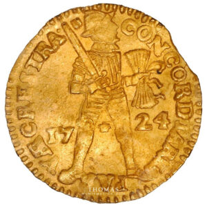 Coin - netherlands - Gold Ducat  - 1724 Utrecht - treasure shipwreck - Akerendam - original plastic holder obverse